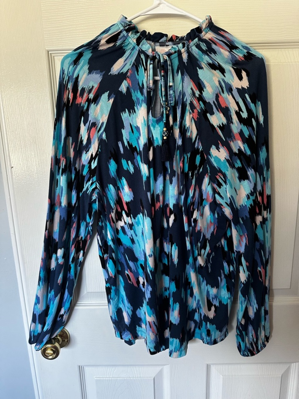 Belle by Kim Gravel 1X Aqua & Navy Floral Tie-Front Top long sleeve, bead-detail